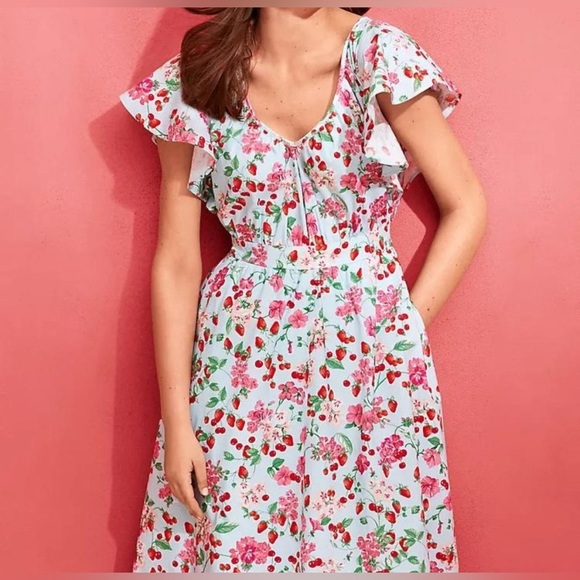 Ann Taylor Floral Flutter Sleeve Flare Dress Cherries Strawberries Blue Size 8 - Picture 1 of 9